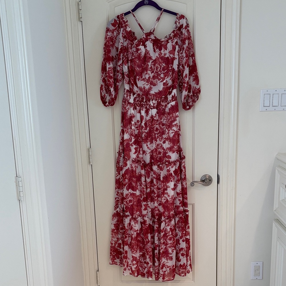 Halogen Red Floral Long Sleeve Dress M